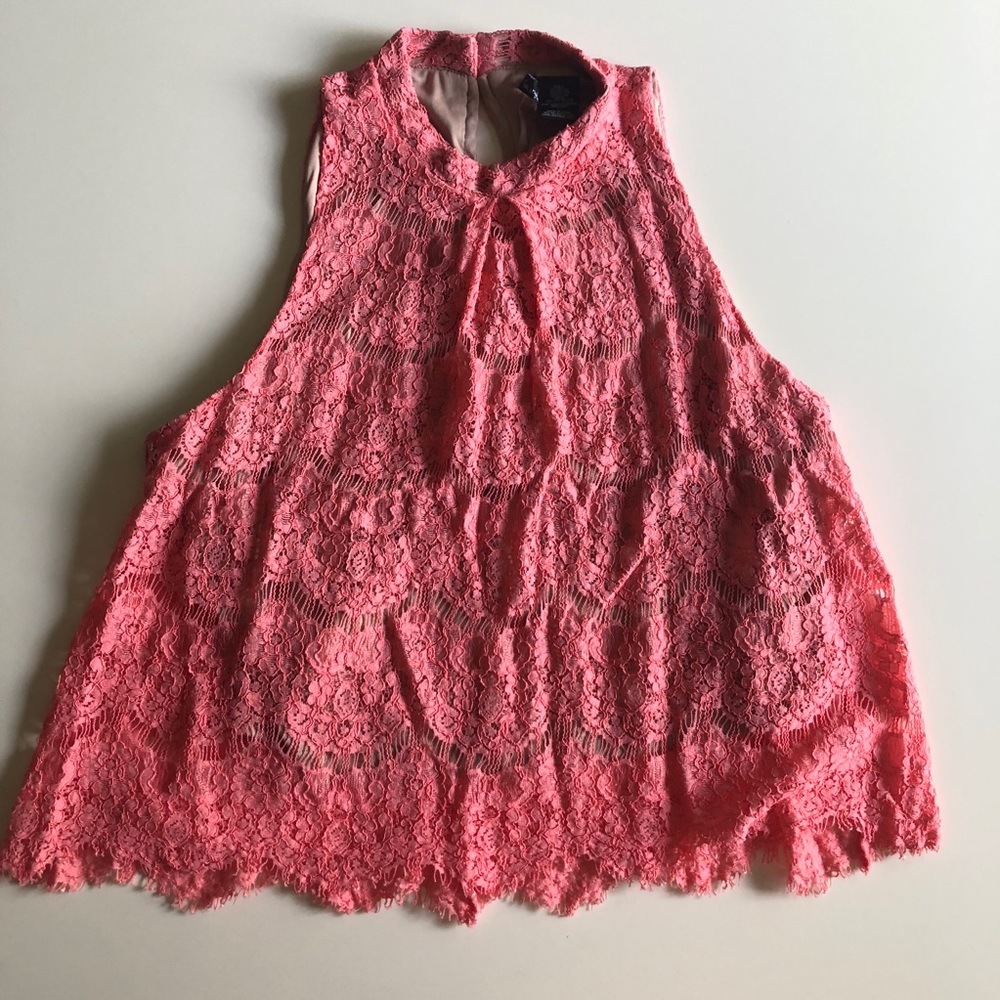 Coral Cropped High Neck Lace Crop